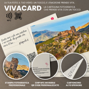 Cartolina fotografica personalizzata con chip NFC e QR code, mostra un video emozionale su smartphone